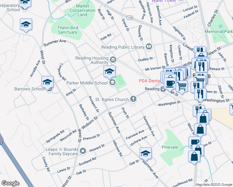 map of restaurants, bars, coffee shops, grocery stores, and more near 45 Temple Street in Reading