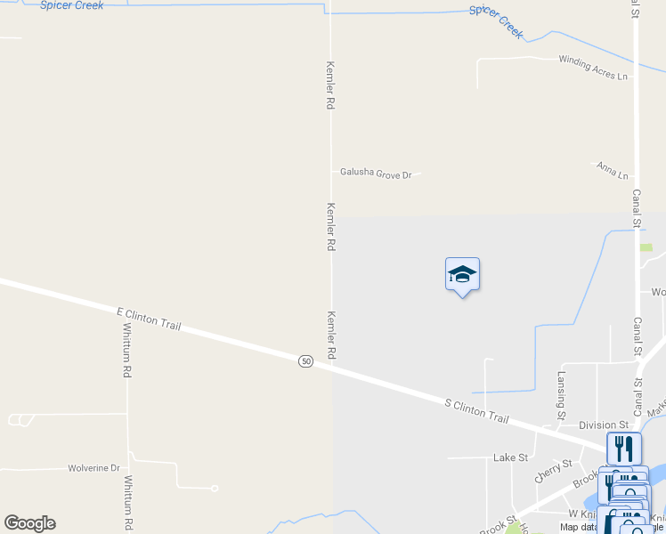 map of restaurants, bars, coffee shops, grocery stores, and more near 3121 Kemler Road in Eaton Rapids