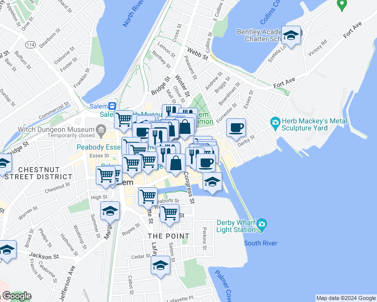 map of restaurants, bars, coffee shops, grocery stores, and more near 13 Hawthorne Boulevard in Salem