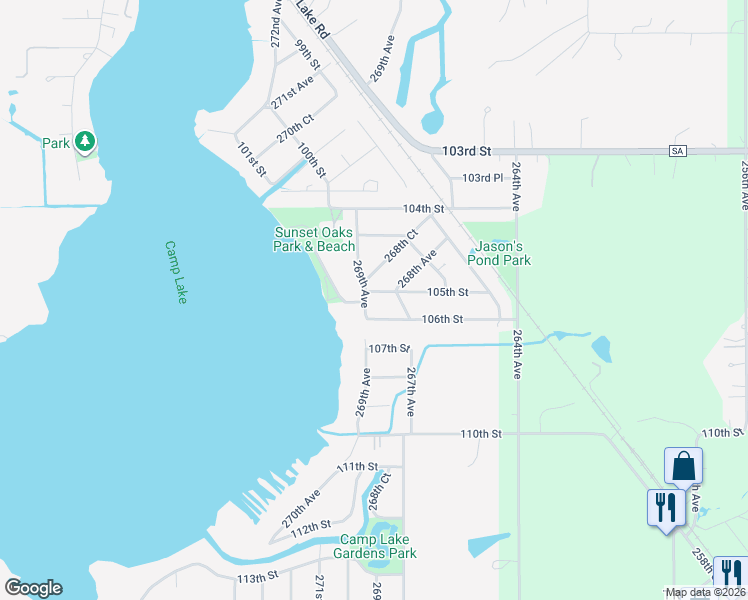 map of restaurants, bars, coffee shops, grocery stores, and more near 26825 105th Street in Salem Lakes