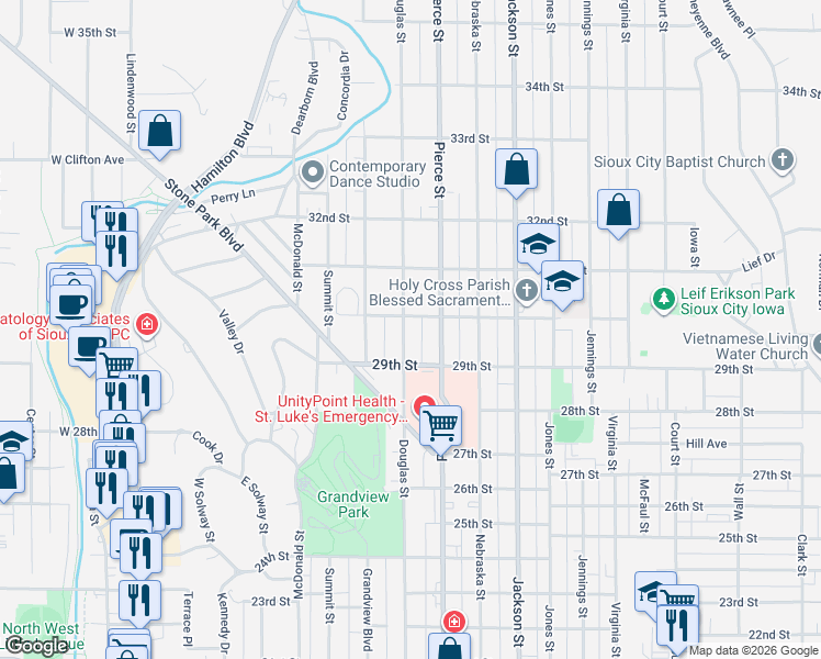 map of restaurants, bars, coffee shops, grocery stores, and more near 400-498 30th Street in Sioux City