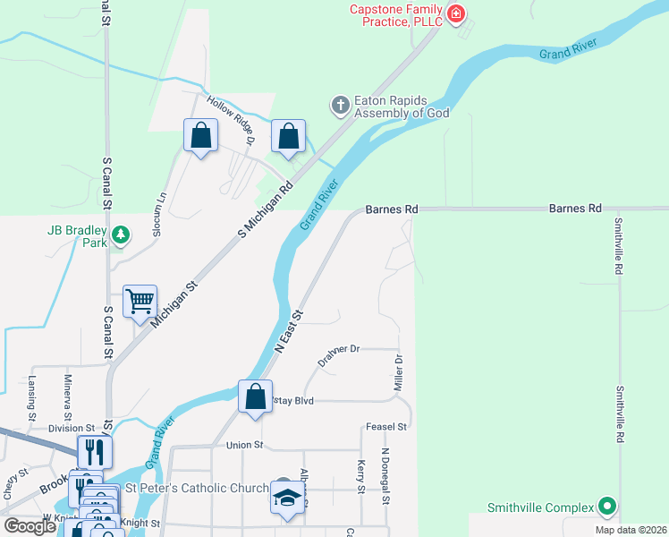 map of restaurants, bars, coffee shops, grocery stores, and more near 825 North East Street in Eaton Rapids
