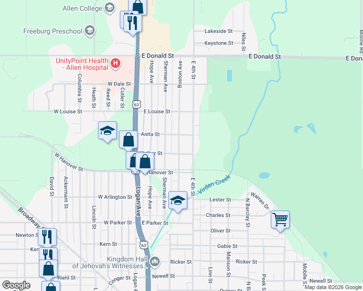 map of restaurants, bars, coffee shops, grocery stores, and more near 421 Boston Avenue in Waterloo