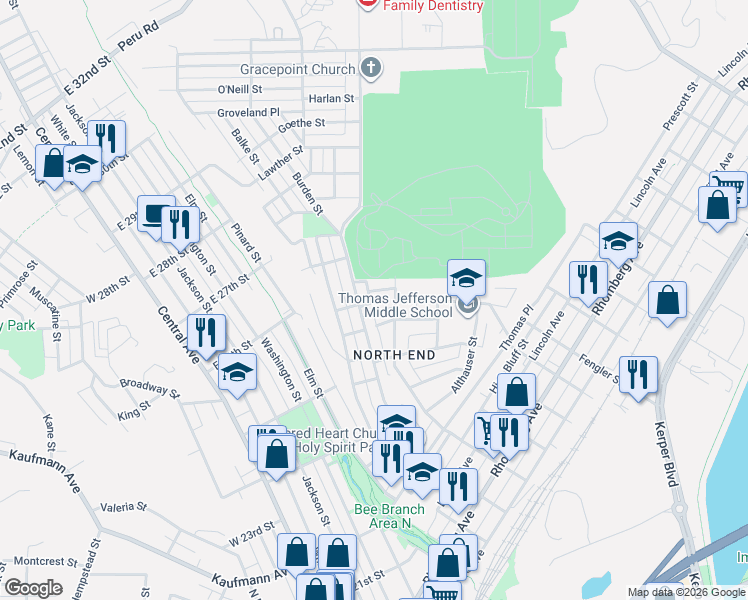map of restaurants, bars, coffee shops, grocery stores, and more near 2613 Stafford Street in Dubuque