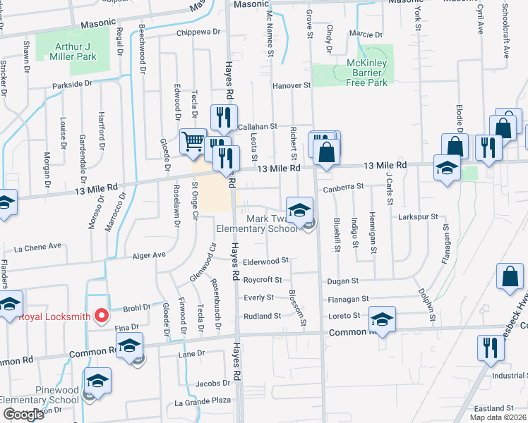 map of restaurants, bars, coffee shops, grocery stores, and more near 15403 Grovedale Street in Roseville