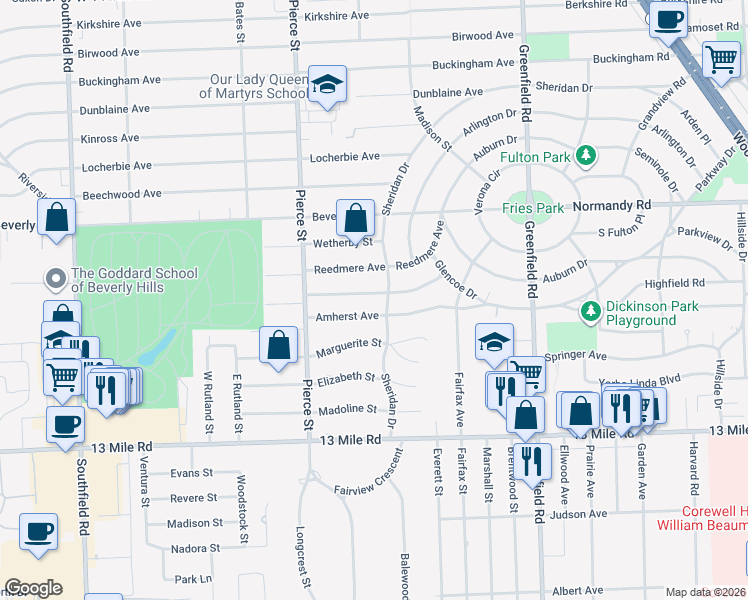 map of restaurants, bars, coffee shops, grocery stores, and more near 16156 Lauderdale Avenue in Beverly Hills