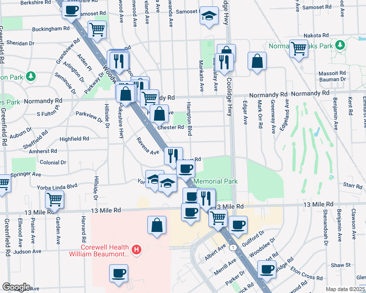 map of restaurants, bars, coffee shops, grocery stores, and more near 3519 Ravena Avenue in Royal Oak