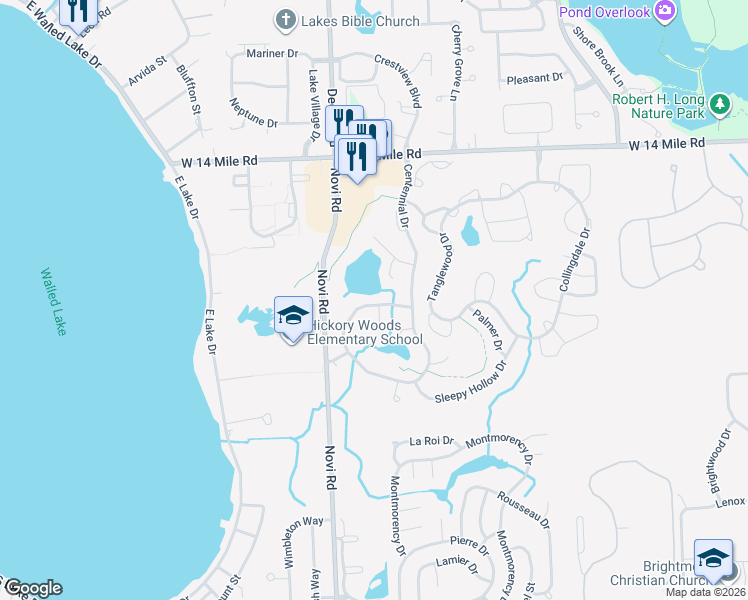 map of restaurants, bars, coffee shops, grocery stores, and more near 41905 Cantebury Drive in Novi