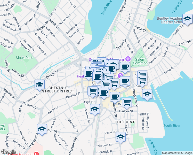 map of restaurants, bars, coffee shops, grocery stores, and more near 60 Washington Street in Salem