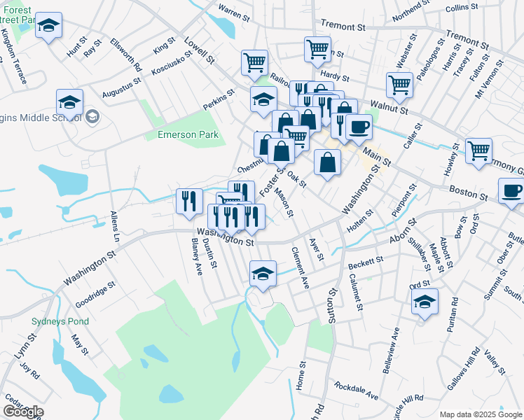 map of restaurants, bars, coffee shops, grocery stores, and more near 96 Foster Street in Peabody