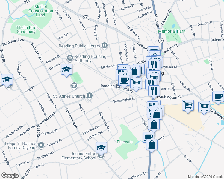 map of restaurants, bars, coffee shops, grocery stores, and more near 8 Arlington Street in Reading