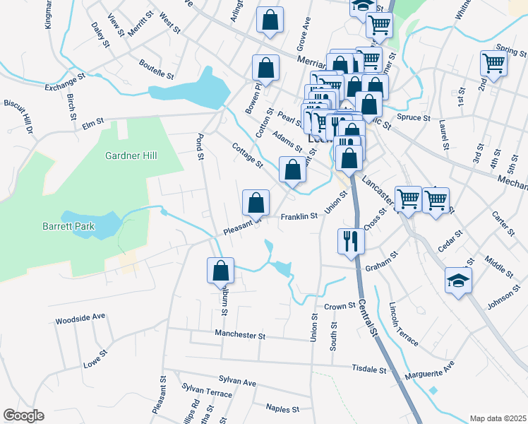 map of restaurants, bars, coffee shops, grocery stores, and more near 145 Pleasant Street in Leominster