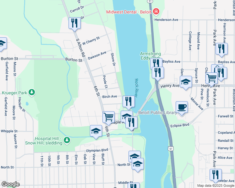 map of restaurants, bars, coffee shops, grocery stores, and more near 205 Birch Avenue in Beloit