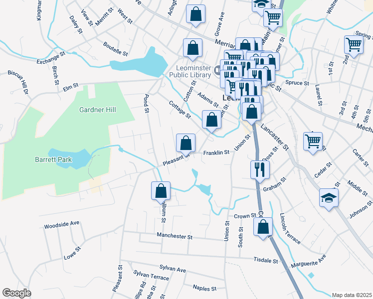 map of restaurants, bars, coffee shops, grocery stores, and more near 145 Pleasant Street in Leominster