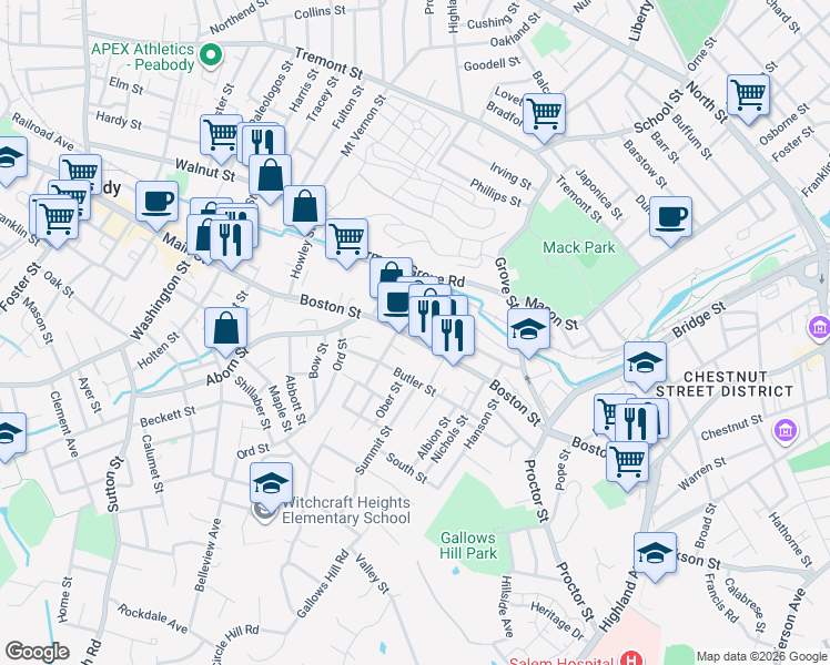 map of restaurants, bars, coffee shops, grocery stores, and more near 41 Beaver Street in Salem