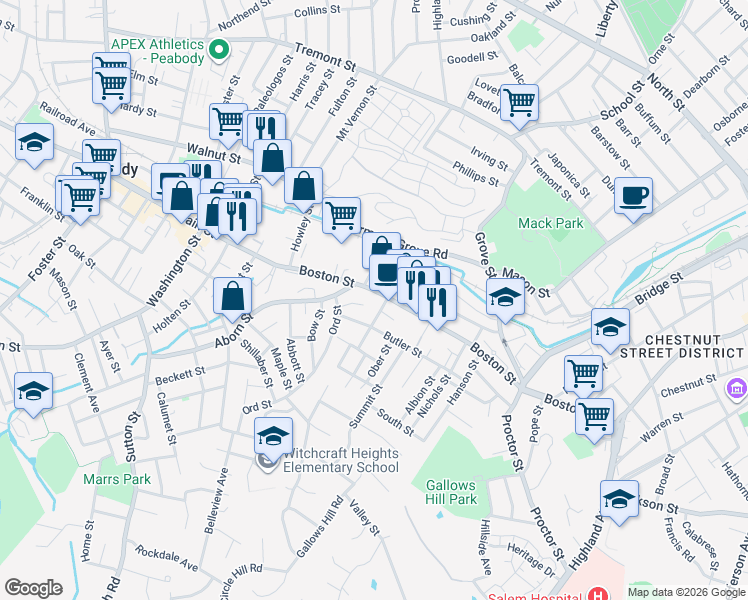 map of restaurants, bars, coffee shops, grocery stores, and more near 2 Rawlins Street in Salem