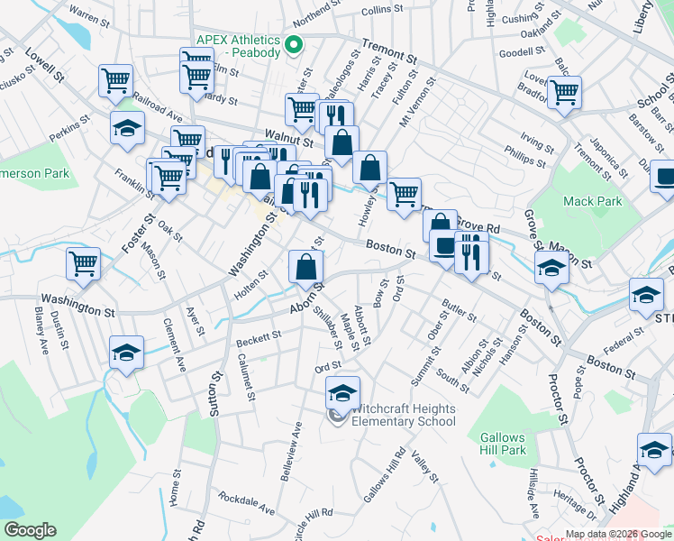 map of restaurants, bars, coffee shops, grocery stores, and more near 78 Aborn Street in Peabody