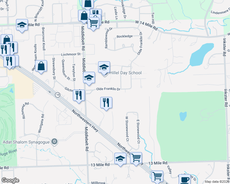 map of restaurants, bars, coffee shops, grocery stores, and more near 32000 Olde Franklin Drive in Farmington Hills