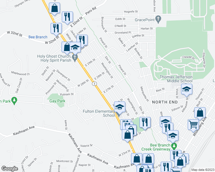 map of restaurants, bars, coffee shops, grocery stores, and more near 2711 Jackson Street in Dubuque