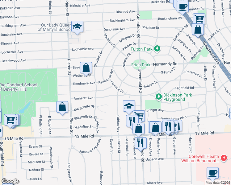 map of restaurants, bars, coffee shops, grocery stores, and more near 15931 Lauderdale Avenue in Beverly Hills