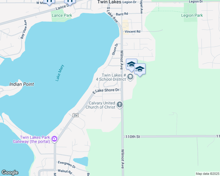 map of restaurants, bars, coffee shops, grocery stores, and more near 549 Oakwood Trail in Twin Lakes