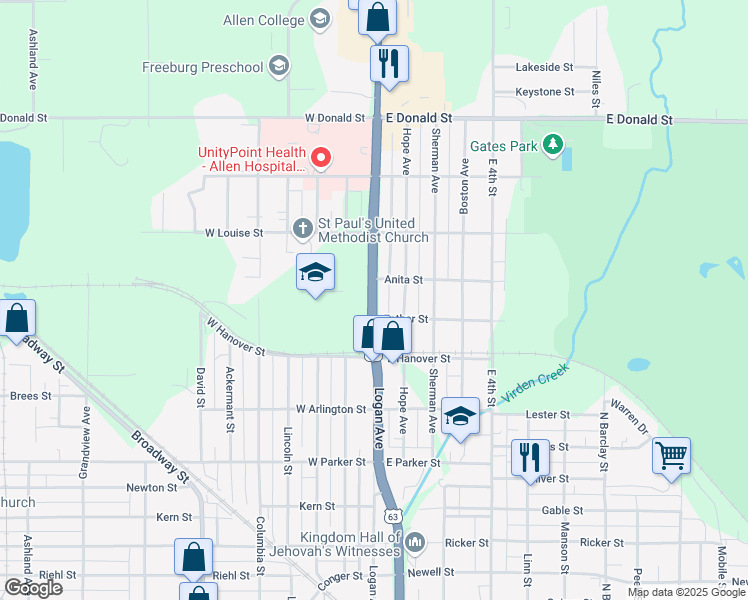 map of restaurants, bars, coffee shops, grocery stores, and more near 1505 Logan Avenue in Waterloo