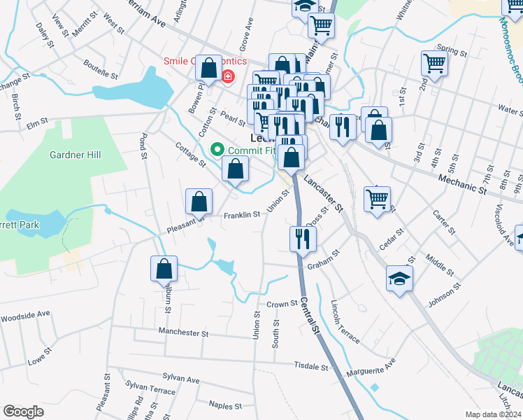 map of restaurants, bars, coffee shops, grocery stores, and more near 1 Franklin Street in Leominster