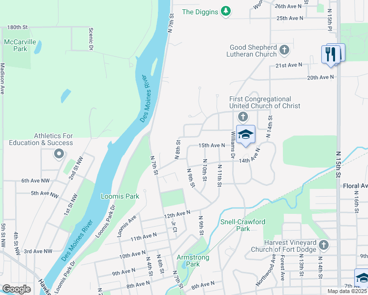 map of restaurants, bars, coffee shops, grocery stores, and more near 1522 North 9th Street in Fort Dodge