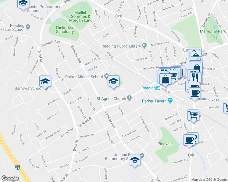 map of restaurants, bars, coffee shops, grocery stores, and more near 45 Temple Street in Reading
