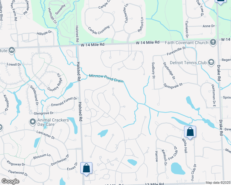 map of restaurants, bars, coffee shops, grocery stores, and more near 30714 Turtle Creek in Farmington Hills