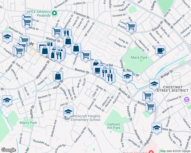 map of restaurants, bars, coffee shops, grocery stores, and more near 2 Rawlins Street in Salem