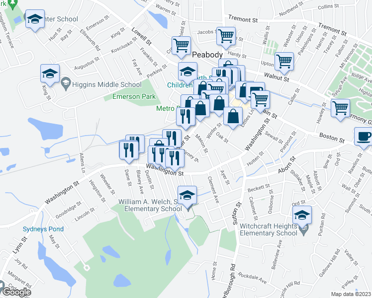 map of restaurants, bars, coffee shops, grocery stores, and more near 96 Foster Street in Peabody