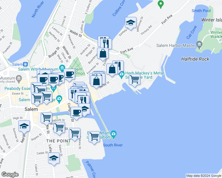 map of restaurants, bars, coffee shops, grocery stores, and more near 46-54 Turner Street in Salem