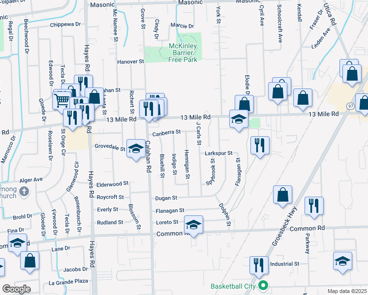 map of restaurants, bars, coffee shops, grocery stores, and more near 30653 Hennigan Street in Roseville