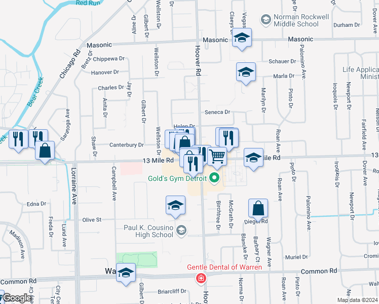 map of restaurants, bars, coffee shops, grocery stores, and more near 11575 13 Mile Road in Warren