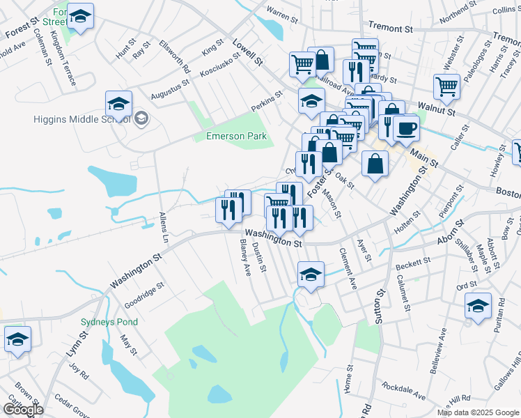 map of restaurants, bars, coffee shops, grocery stores, and more near 119R Foster Street in Peabody