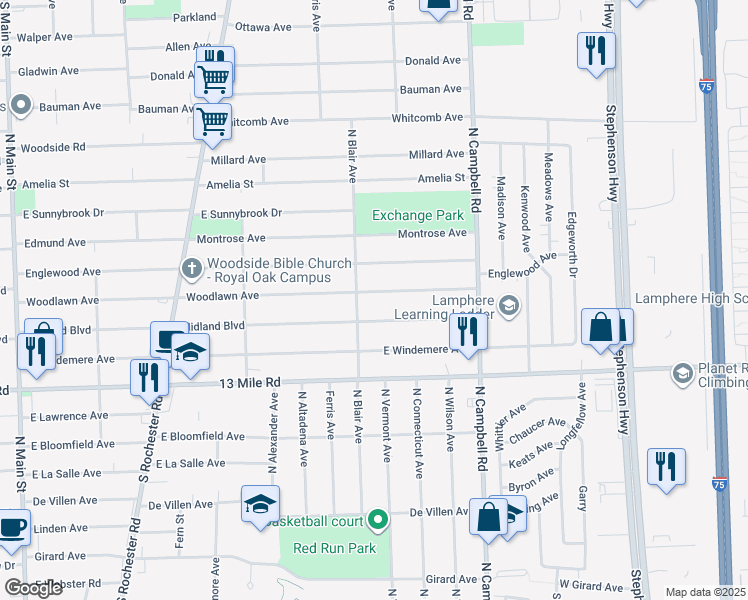 map of restaurants, bars, coffee shops, grocery stores, and more near 1304 Woodlawn Avenue in Royal Oak