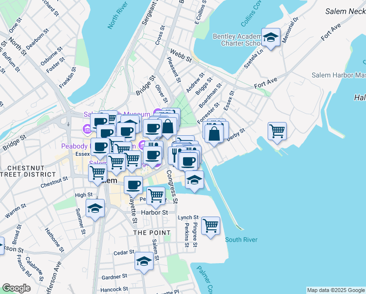 map of restaurants, bars, coffee shops, grocery stores, and more near 11 Herbert Street in Salem