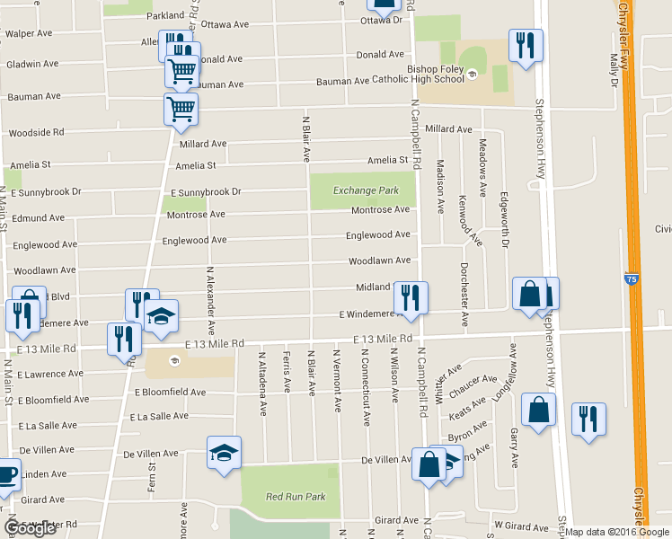 map of restaurants, bars, coffee shops, grocery stores, and more near 1304 Woodlawn Avenue in Royal Oak