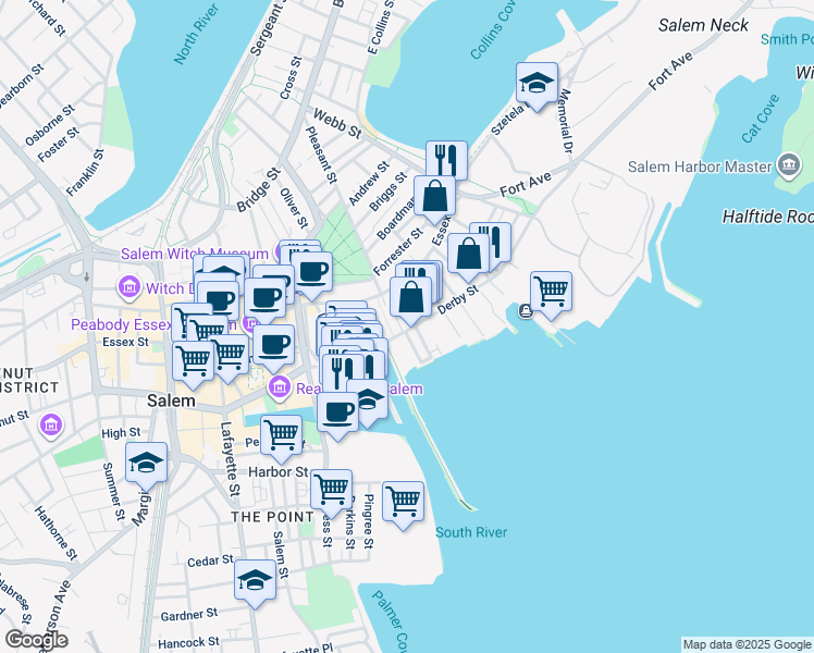 map of restaurants, bars, coffee shops, grocery stores, and more near 143 Derby Street in Salem
