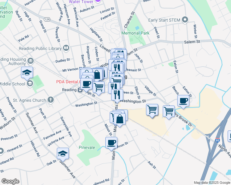 map of restaurants, bars, coffee shops, grocery stores, and more near 500 Main Street in Reading