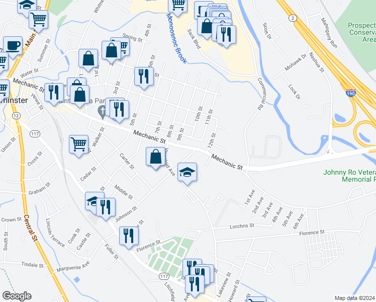 map of restaurants, bars, coffee shops, grocery stores, and more near 311 Mechanic Street in Leominster