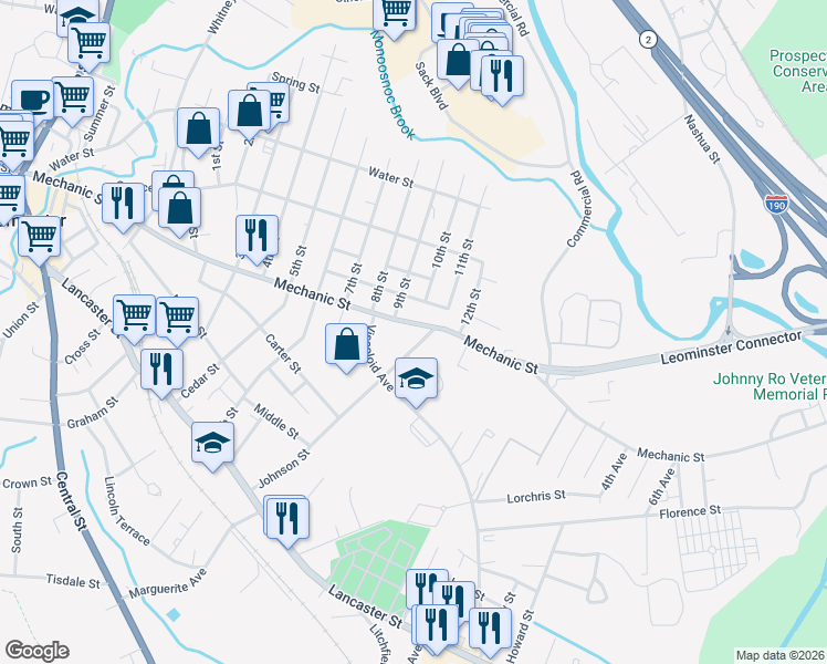 map of restaurants, bars, coffee shops, grocery stores, and more near 192 Johnson Street in Leominster