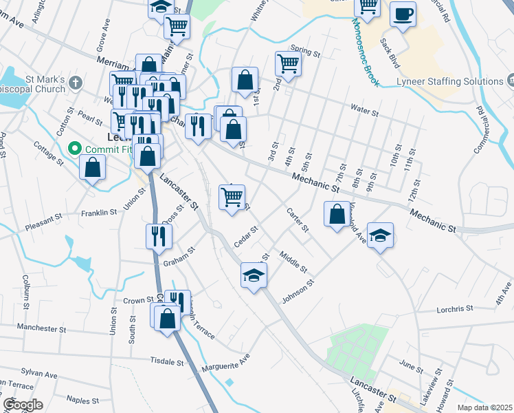 map of restaurants, bars, coffee shops, grocery stores, and more near 44 Walker Street in Leominster