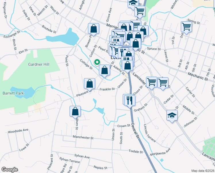map of restaurants, bars, coffee shops, grocery stores, and more near 21 Franklin Street in Leominster