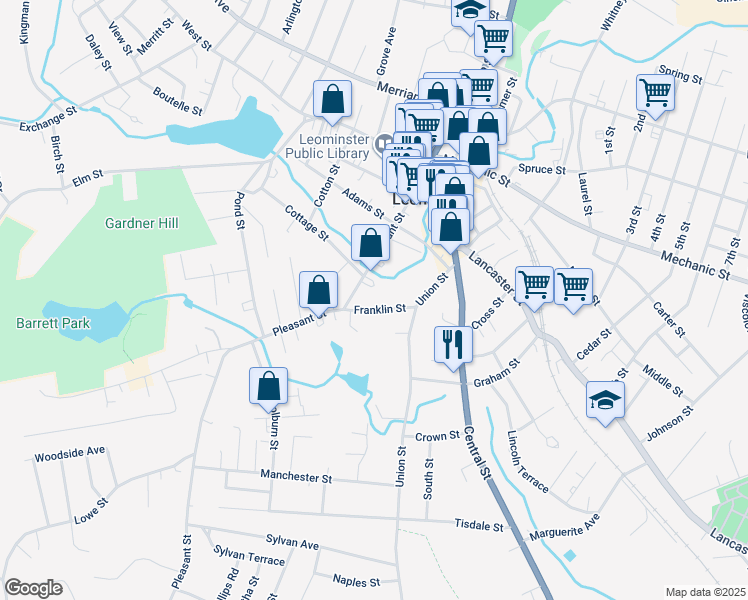 map of restaurants, bars, coffee shops, grocery stores, and more near 114 Pleasant Street in Leominster