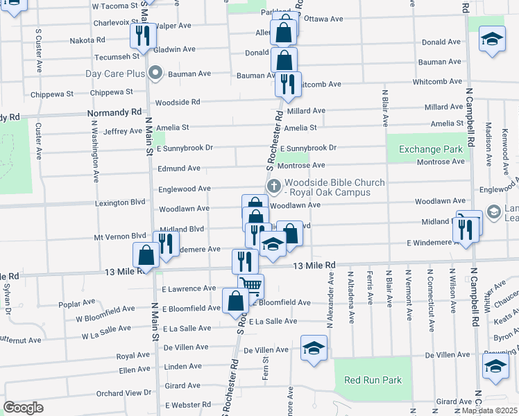 map of restaurants, bars, coffee shops, grocery stores, and more near 439 Woodlawn Avenue in Royal Oak