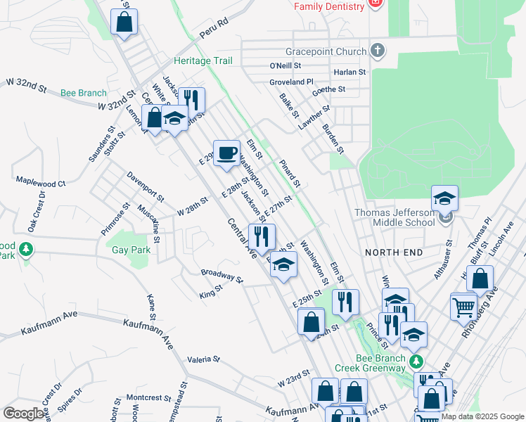 map of restaurants, bars, coffee shops, grocery stores, and more near 231 East 27th Street in Dubuque