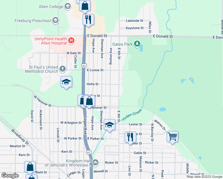 map of restaurants, bars, coffee shops, grocery stores, and more near 421 Boston Avenue in Waterloo