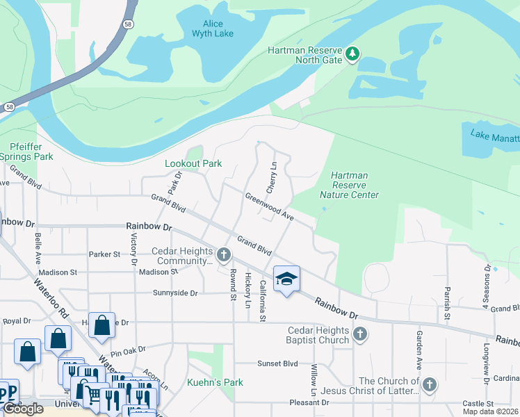 map of restaurants, bars, coffee shops, grocery stores, and more near 2227 Greenwood Avenue in Cedar Falls